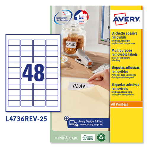 AVERY-ZWECKFORM L4736REV-25 ETICHETTE AUTOADESIVE 21.2X45.7 MM CONFEZIONE 25 FOGLI X 48 ETICHETTE/FOGLIO BIANCO OPACO